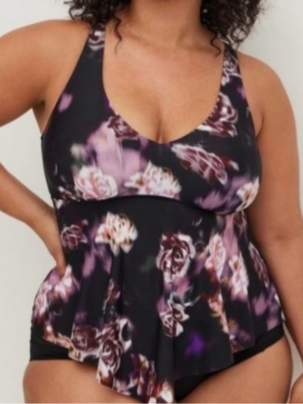Torrid Black Tankini Top with Purple Floral Print